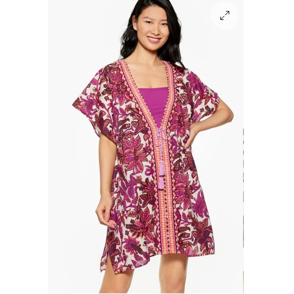 Talbots‎ Aqua Club Kaftan Coverup M/L Pink Floral Boho Beaded Tassel Resort NWT